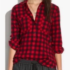J. Crew Factory Perfect Fit Buffalo Check Red & Navy Popover Shirt L EUC